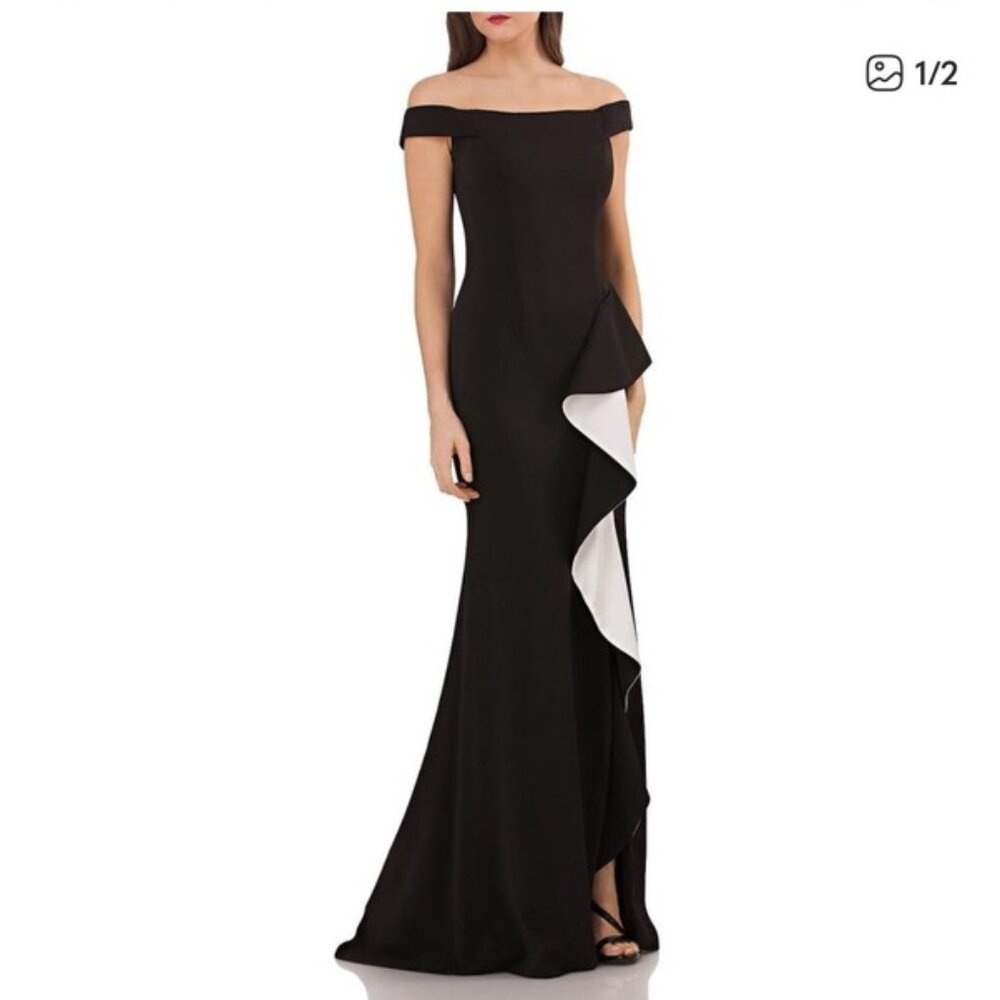 NWT Carmen Marc Valvo Infusion Black White Ruffle Front Formal Gown Size 4